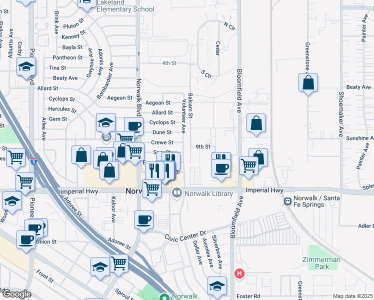 map of restaurants, bars, coffee shops, grocery stores, and more near 12312 Volunteer Avenue in Norwalk