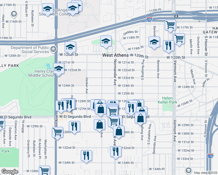 map of restaurants, bars, coffee shops, grocery stores, and more near 1449 West 125th Street in Los Angeles