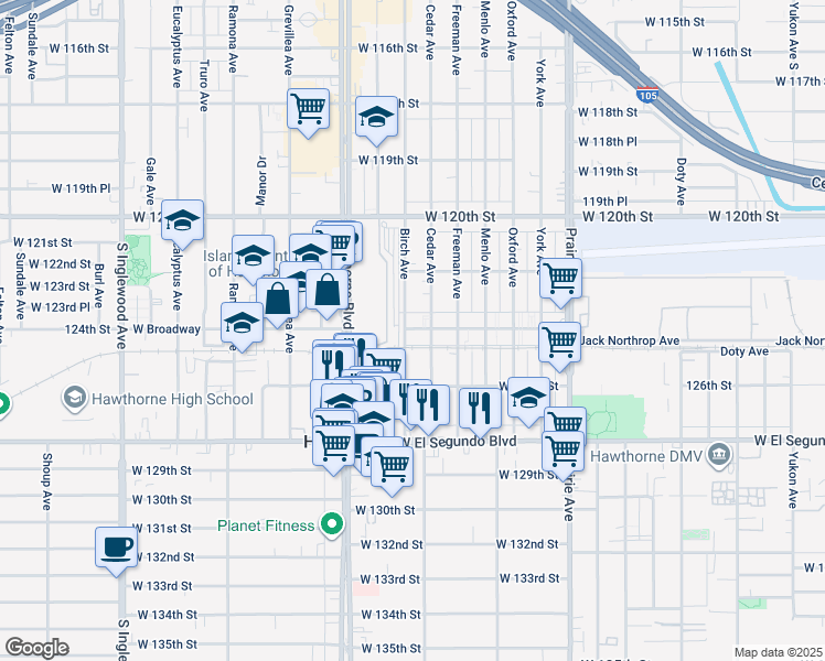 map of restaurants, bars, coffee shops, grocery stores, and more near in Hawthorne
