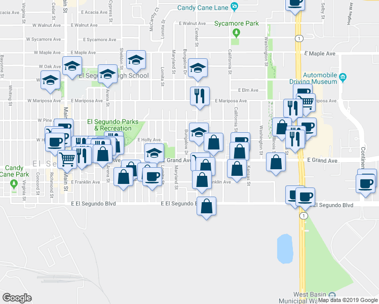 map of restaurants, bars, coffee shops, grocery stores, and more near 1003 East Grand Avenue in El Segundo