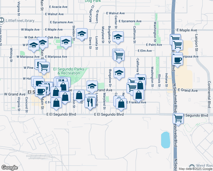 map of restaurants, bars, coffee shops, grocery stores, and more near 818 East Grand Avenue in El Segundo