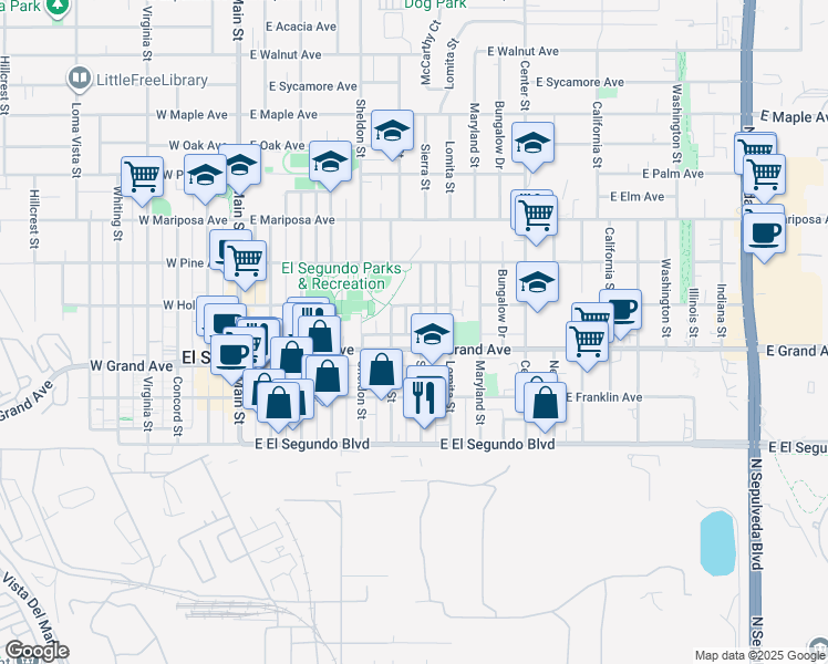 map of restaurants, bars, coffee shops, grocery stores, and more near 707 East Grand Avenue in El Segundo