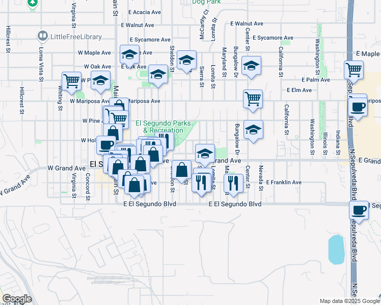 map of restaurants, bars, coffee shops, grocery stores, and more near 601 East Grand Avenue in El Segundo