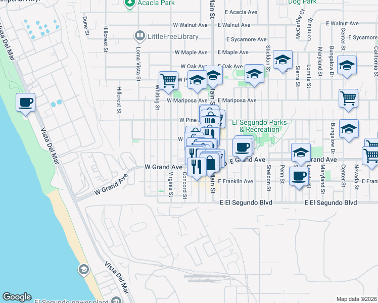 map of restaurants, bars, coffee shops, grocery stores, and more near 319 Richmond Street in El Segundo