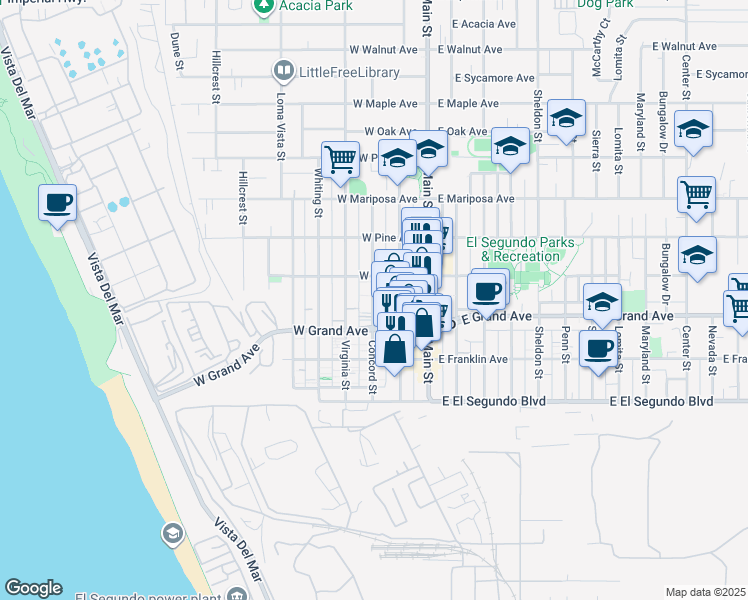 map of restaurants, bars, coffee shops, grocery stores, and more near 314 Virginia Street in El Segundo
