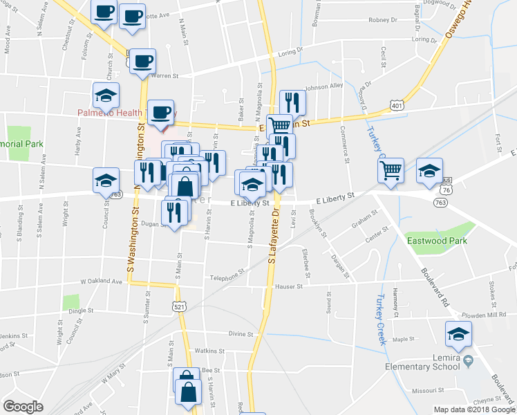 map of restaurants, bars, coffee shops, grocery stores, and more near 11 South Magnolia Street in Sumter