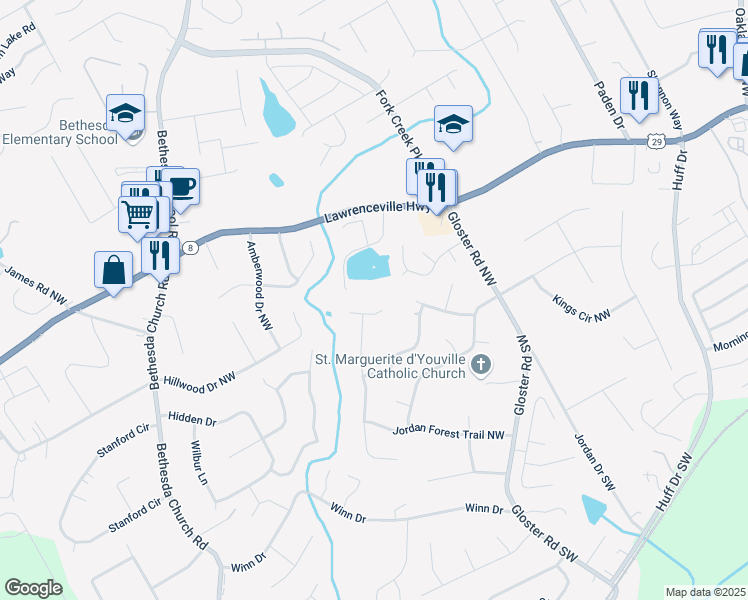 map of restaurants, bars, coffee shops, grocery stores, and more near in Lawrenceville