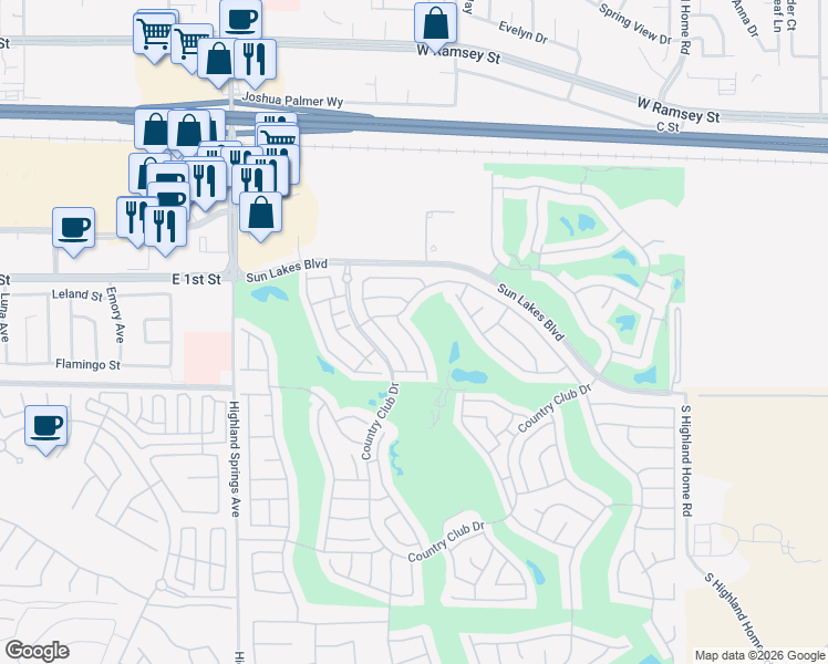 map of restaurants, bars, coffee shops, grocery stores, and more near 709 Torrey Pines Road in Banning