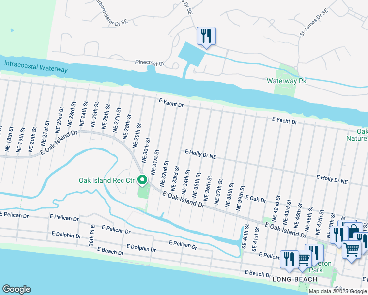map of restaurants, bars, coffee shops, grocery stores, and more near 202 Northeast 33rd Street in Oak Island