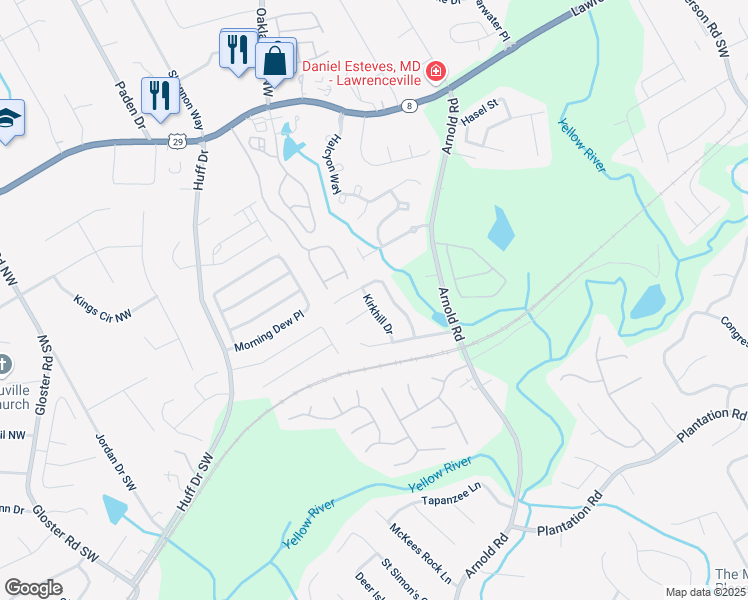 map of restaurants, bars, coffee shops, grocery stores, and more near 42 Kirkhill Drive Northwest in Lawrenceville