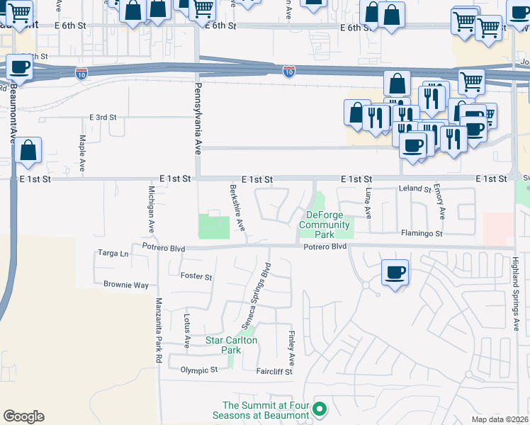 map of restaurants, bars, coffee shops, grocery stores, and more near 64 Graham Avenue in Beaumont