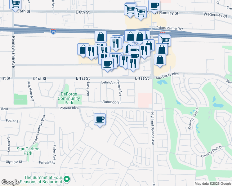 map of restaurants, bars, coffee shops, grocery stores, and more near 52 Ivory Avenue in Beaumont