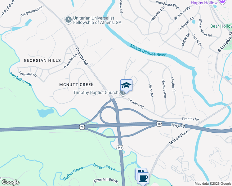 map of restaurants, bars, coffee shops, grocery stores, and more near 412 Timothy Road in Athens