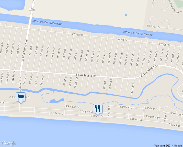 map of restaurants, bars, coffee shops, grocery stores, and more near 1204 East Oak Island Drive in Oak Island