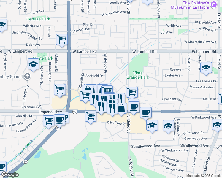 map of restaurants, bars, coffee shops, grocery stores, and more near 965 South Idaho Street in La Habra