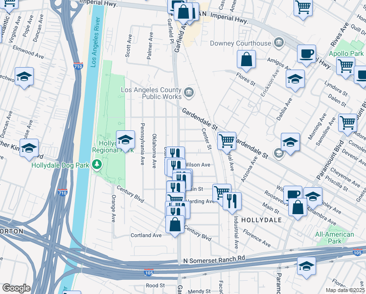 map of restaurants, bars, coffee shops, grocery stores, and more near 11800 Garfield Avenue in South Gate