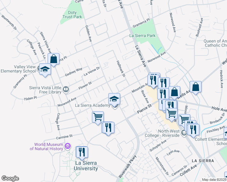 map of restaurants, bars, coffee shops, grocery stores, and more near 5047 Golden Avenue in Riverside