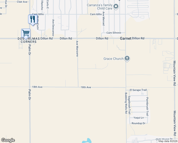 map of restaurants, bars, coffee shops, grocery stores, and more near 67203 Kann Road in Desert Hot Springs