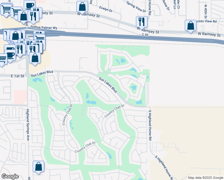 map of restaurants, bars, coffee shops, grocery stores, and more near 5239 Riviera Avenue in Banning