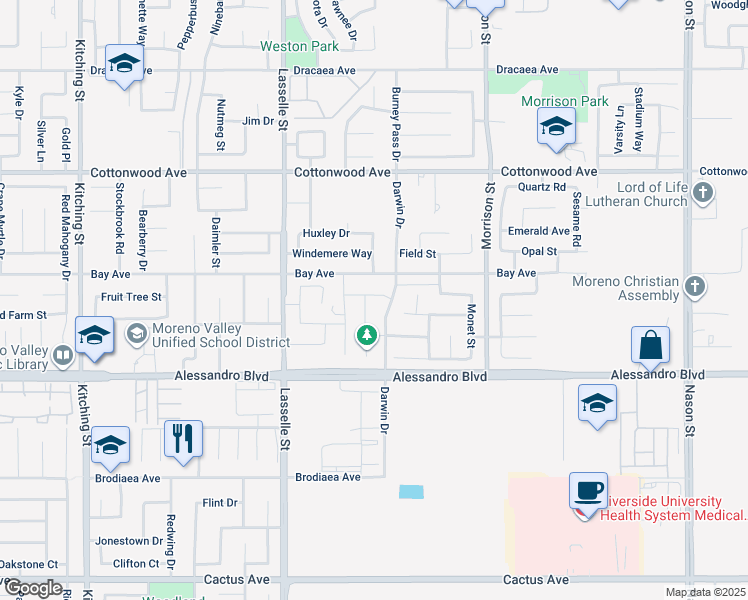 map of restaurants, bars, coffee shops, grocery stores, and more near 26237 Pissaro Way in Moreno Valley