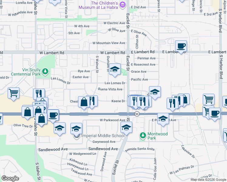 map of restaurants, bars, coffee shops, grocery stores, and more near 1010 Jaffrey Street in La Habra