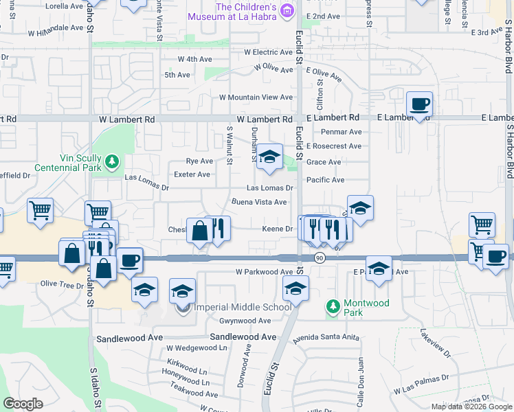 map of restaurants, bars, coffee shops, grocery stores, and more near 1011 Marlboro Street in La Habra