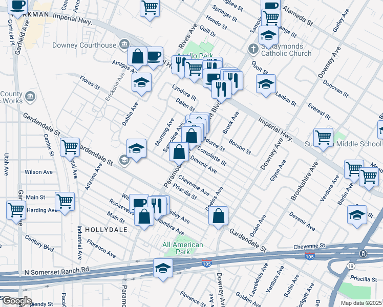 map of restaurants, bars, coffee shops, grocery stores, and more near 12848 Paramount Boulevard in Downey