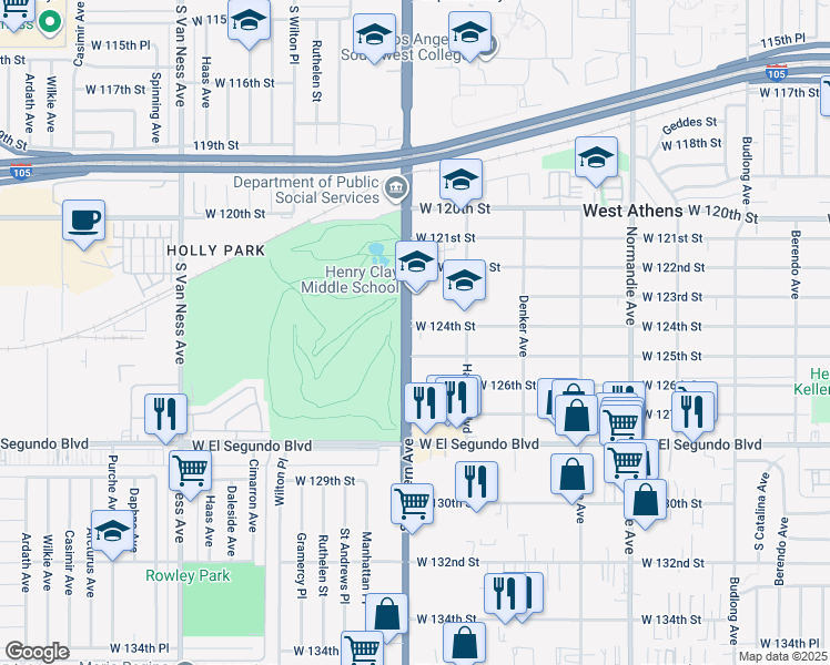 map of restaurants, bars, coffee shops, grocery stores, and more near 12402 South Western Avenue in Los Angeles