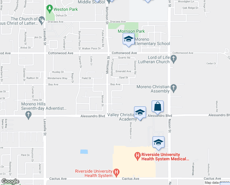 map of restaurants, bars, coffee shops, grocery stores, and more near 26545 Pegasus Way in Moreno Valley