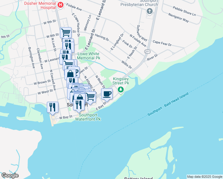 map of restaurants, bars, coffee shops, grocery stores, and more near 408 East Moore Street in Southport