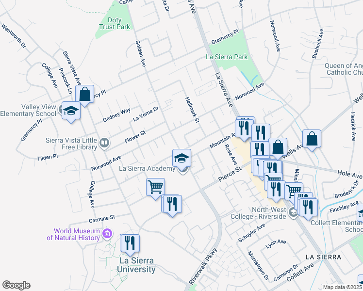 map of restaurants, bars, coffee shops, grocery stores, and more near 5047 Golden Avenue in Riverside