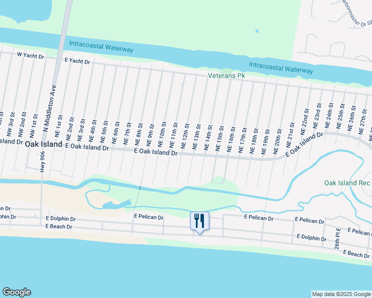 map of restaurants, bars, coffee shops, grocery stores, and more near 1204 East Oak Island Drive in Oak Island