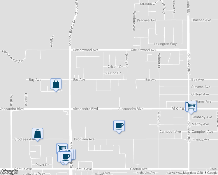 map of restaurants, bars, coffee shops, grocery stores, and more near 13825 Roderick Drive in Moreno Valley