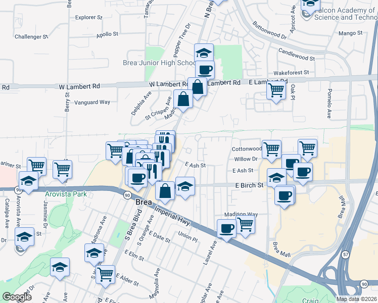 map of restaurants, bars, coffee shops, grocery stores, and more near 202 East Ash Street in Brea