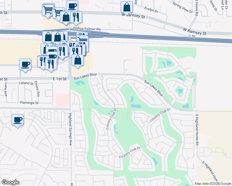 map of restaurants, bars, coffee shops, grocery stores, and more near 709 Torrey Pines Road in Banning
