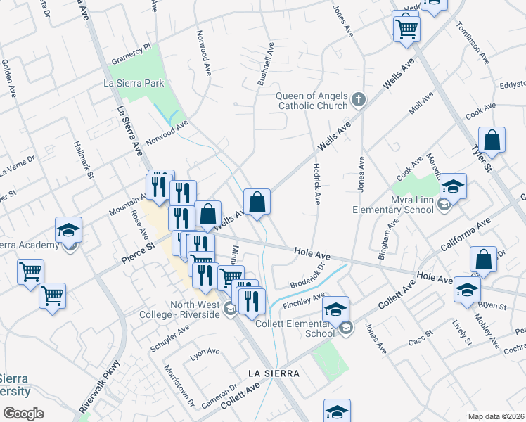 map of restaurants, bars, coffee shops, grocery stores, and more near 4729 Mitchell Avenue in Riverside