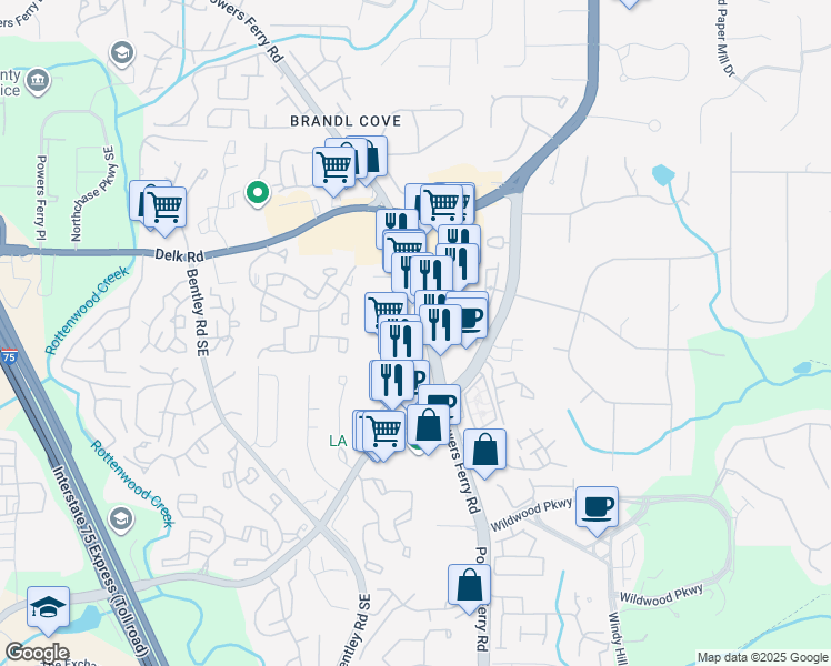 map of restaurants, bars, coffee shops, grocery stores, and more near 1420 Terrell Mill Road in Marietta
