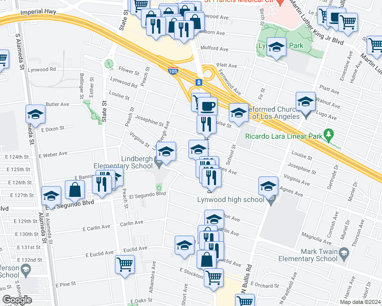 map of restaurants, bars, coffee shops, grocery stores, and more near 3380 Virginia Avenue in Lynwood