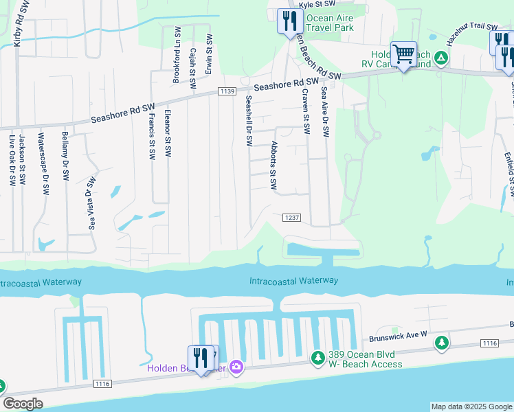 map of restaurants, bars, coffee shops, grocery stores, and more near 1974 Styron's Landing Road Southwest in Brunswick