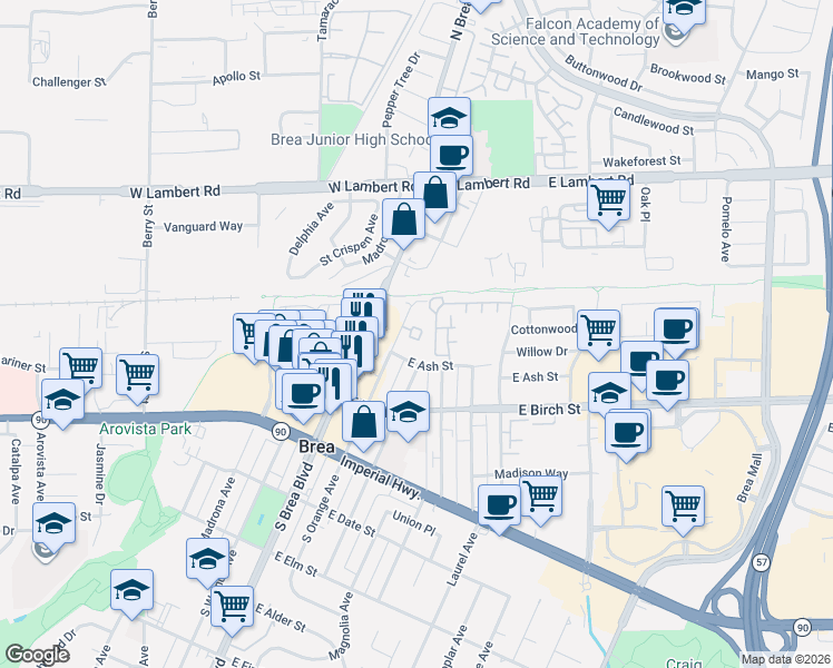 map of restaurants, bars, coffee shops, grocery stores, and more near 202 East Ash Street in Brea