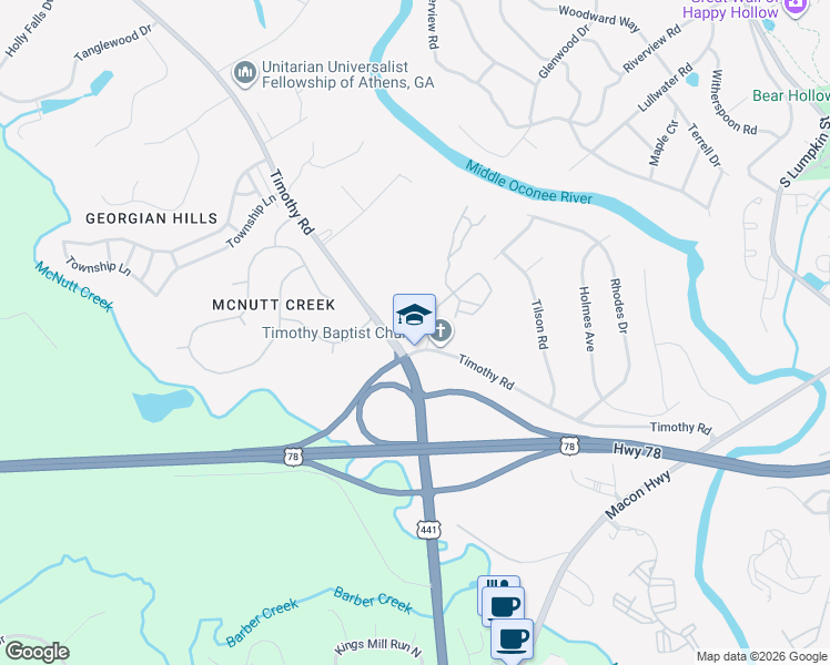 map of restaurants, bars, coffee shops, grocery stores, and more near 412 Timothy Road in Athens