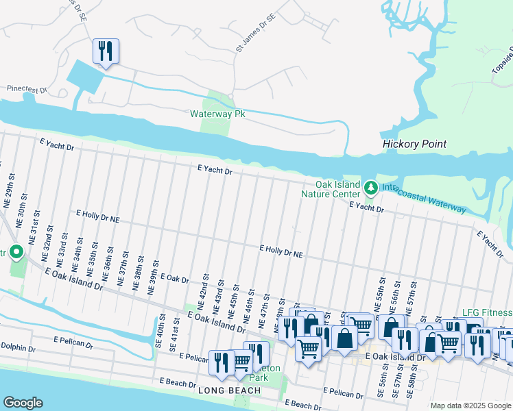 map of restaurants, bars, coffee shops, grocery stores, and more near 328 Northeast 45th Street in Oak Island