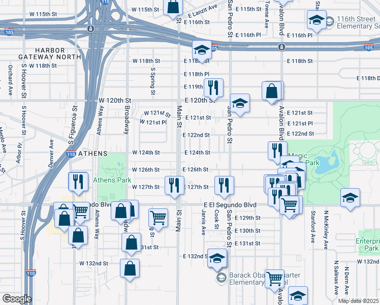 map of restaurants, bars, coffee shops, grocery stores, and more near 14803 South Los Angeles Street in Los Angeles