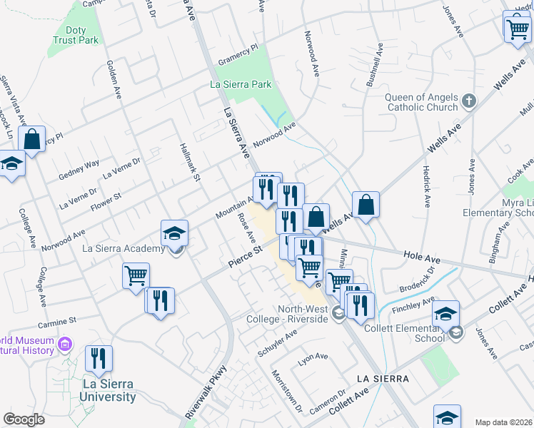 map of restaurants, bars, coffee shops, grocery stores, and more near 4943 Rose Avenue in Riverside