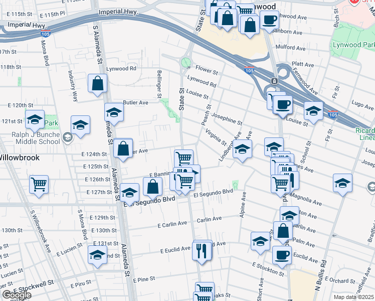 map of restaurants, bars, coffee shops, grocery stores, and more near 11952 Santa Fe Avenue in Lynwood