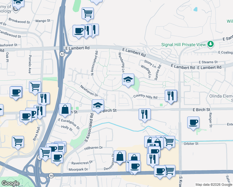 map of restaurants, bars, coffee shops, grocery stores, and more near 143 Cinnamon Ridge Road in Brea
