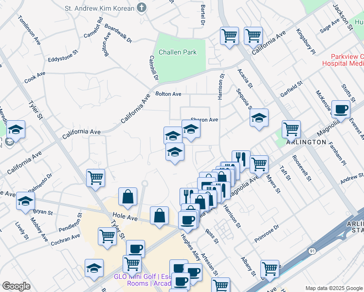 map of restaurants, bars, coffee shops, grocery stores, and more near 9990 County Farm Road in Riverside