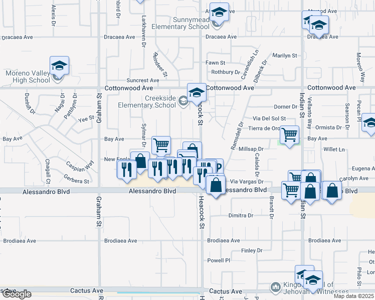 map of restaurants, bars, coffee shops, grocery stores, and more near 23953 Bay Avenue in Moreno Valley