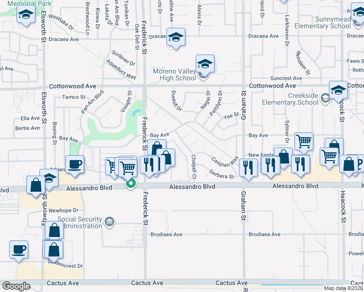 map of restaurants, bars, coffee shops, grocery stores, and more near 13829 Chagall Court in Moreno Valley