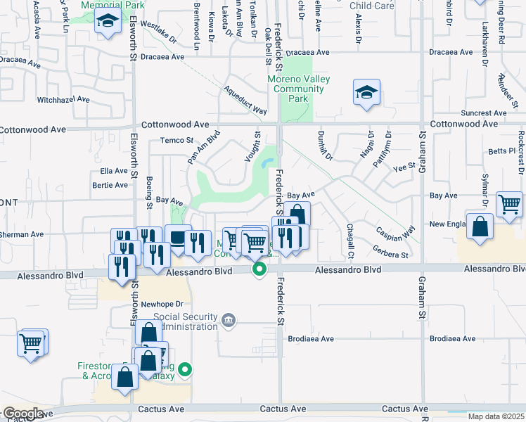 map of restaurants, bars, coffee shops, grocery stores, and more near 22936 Allies Place in Moreno Valley
